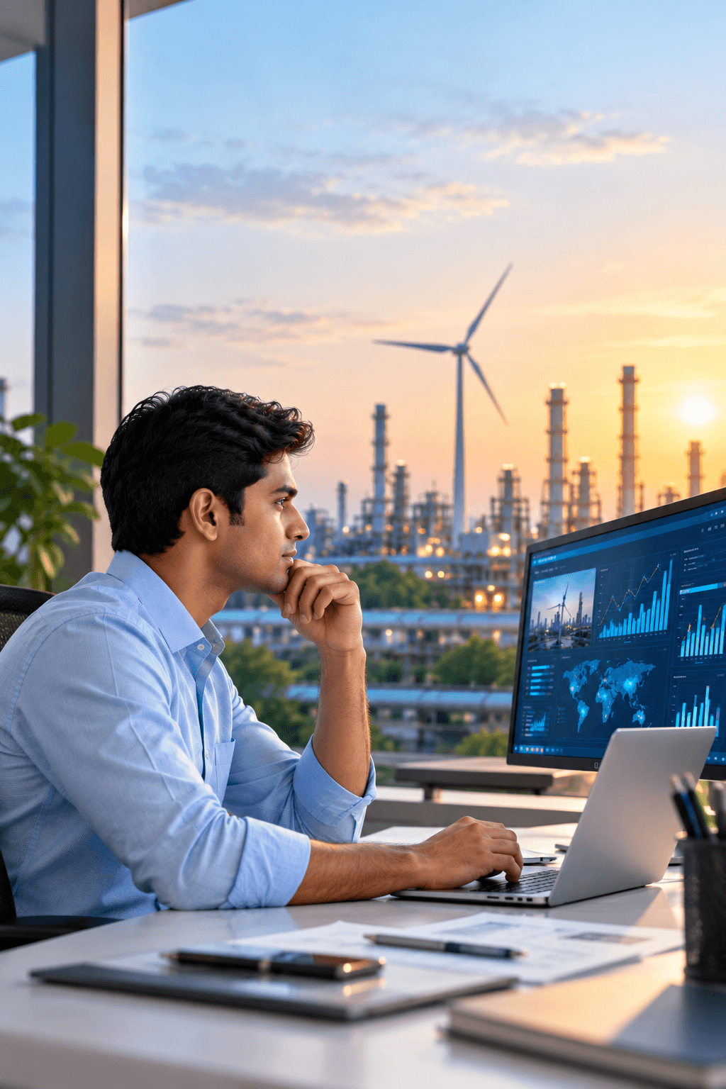 Energy analyst working at a laptop