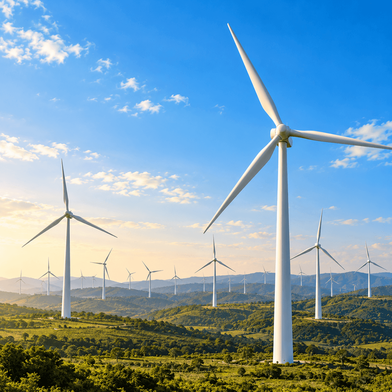 Wind turbines under a blue sky